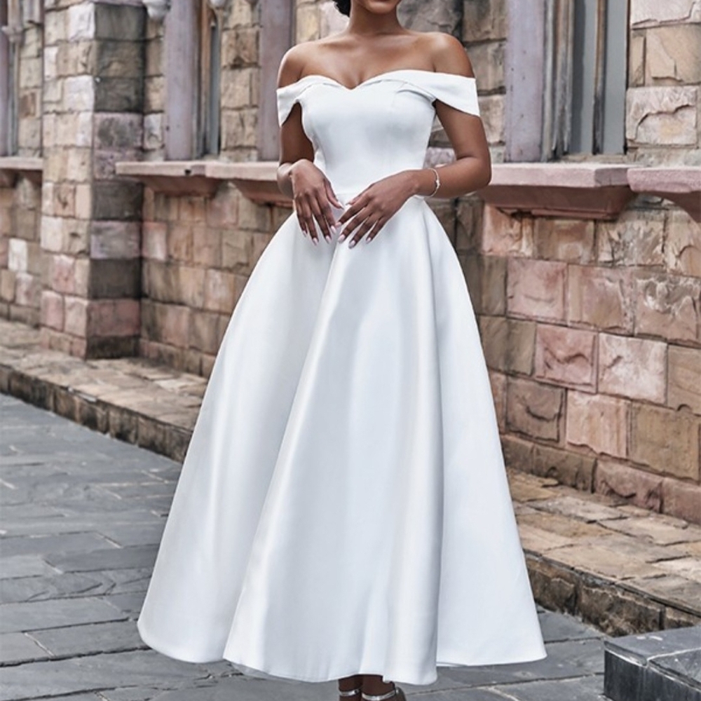 Off-Shoulder White Wedding Midi Dress